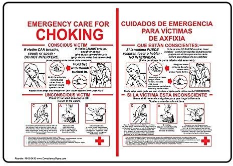 Emergency Care For Choking Bilingual Sign, 14x10 inch Plastic for Emergency Response