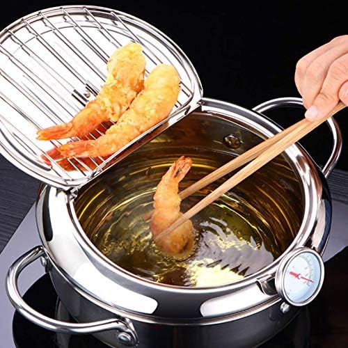 Hapivida Stainless Steel Deep Frying Pot Japanese Style Tempura Frying Pan with Temperature Control and Oil Drip Drainer Rack for French Fries Shrimp Meatballs Kitchen Cooking (9Inch)