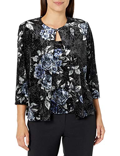 Alex Evenings Women's Jacket and Scoop Tank Top Velvet Twinset Petite Regular, Black/Multi Flo, XL