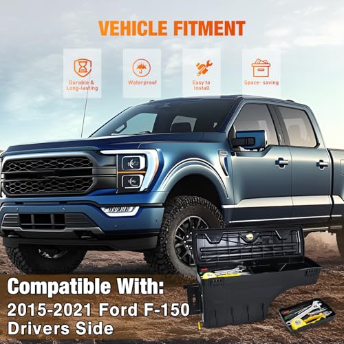 Nilight Truck Bed Tool Box Left Drivers Side Truck Tool Box Fit for Ford F-150 2015-2021 ABS Swing Case Truck Bed Storage Box with Lockable Lid Waterproof Wheel Well Toolbox Black by Nilight - Image 3