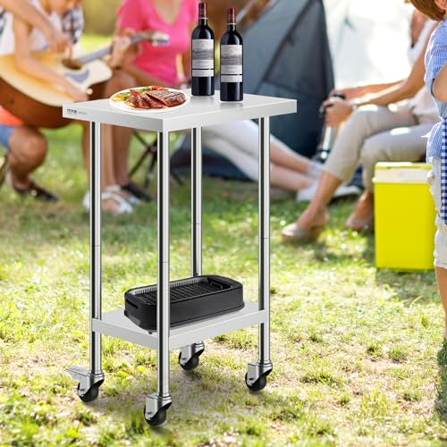 Image of VEVOR Stainless Steel Work Table 24 x 18 x 38 Inch, with 4 Wheels, 3 Adjustable Height Levels, Heavy Duty Food Prep Worktable for Commercial Kitchen Restaurant, Silver