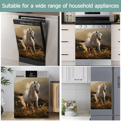 Image of Galloping Horse Refrigerator Magnet Cover,White Horse Washable Dishwasher Magnets Decorative Cover,Home Kitchen Decorative Dishwasher Front Panel Cover 23x26 Inch