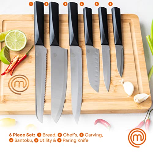 Masterchef Japanese Knife Set Of 6 Kitchen Knives (Chef's, Utility, Paring, Boning, Bread & Santoku) With Extra Sharp Stainless Steel Blades For Professional Cutting & Chopping, Stylish Black Handles #TOP1