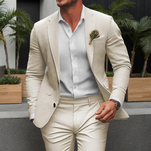 Retro Linen Mens Suit 2 Pieces Slim Fit Light Weight Beach Summer Wedding Tuxedo Set Jacket Blazer Pants for Men3
