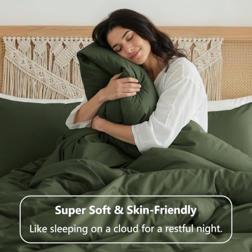 Image of HIMEET Full Size Comforter Sets, 3 Pieces with 2 Pillowcases, Olive Green | 270GSM Down Alternative Fill, Oeko-TEX Certified, 8 Corner Ties Quilted, All Season, Fluffy Bed Set, Bedroom Decor Bedding