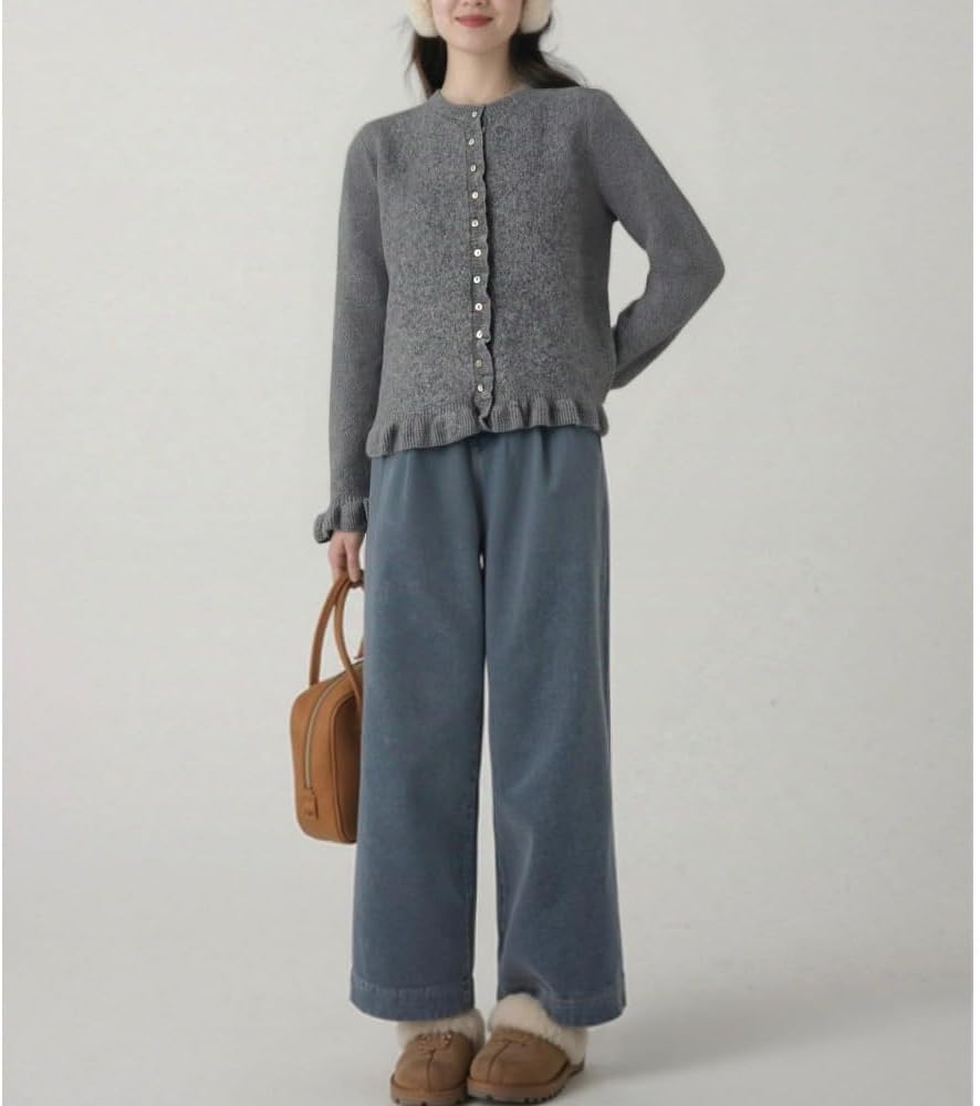 Womens Ruffle Cardigan Sweaters Long Sleeve Button Up Crew Neck Crochet Cute Sweater Fashion Soft Knit Tops - Image 2