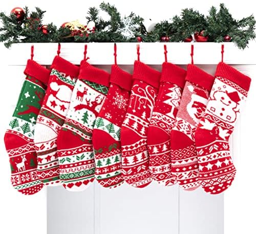 KD KIDPAR 8 Pack 20" Knit Christmas Stockings Large Rustic Yarn Xmas Stockings Gift for Family Holiday Decorations Fireplace Hanging Stockings Xmas Season Party Decor, 20” by 6”