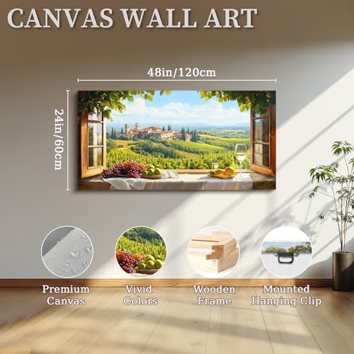 crmotu Vineyard Faux Window Wall Art, Italian Countryside Landscape Large Artwork, Grape Fields Prints Kitchen Wall Decor, Rustic Charm Pictures for Living Room Dining Room No-window Room 24x48 Inch