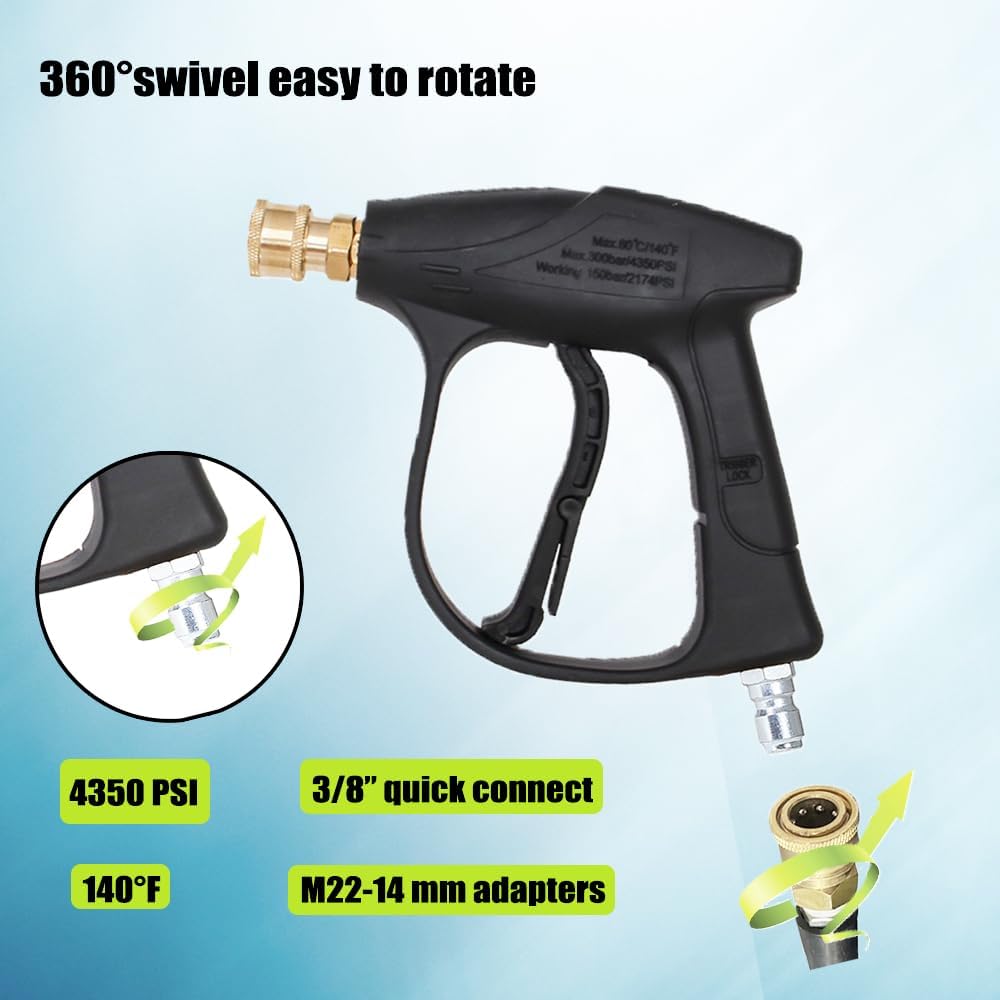 Pressure Washer Short Gun, 4350 PSI High Power Washer Spray Gun with 3/8'' Quick Connect and M22-14mm Adapter, Pressure Washer Handle with 5 Pressure Washer Nozzle Tips for Foam Cannon Gun Car Wash