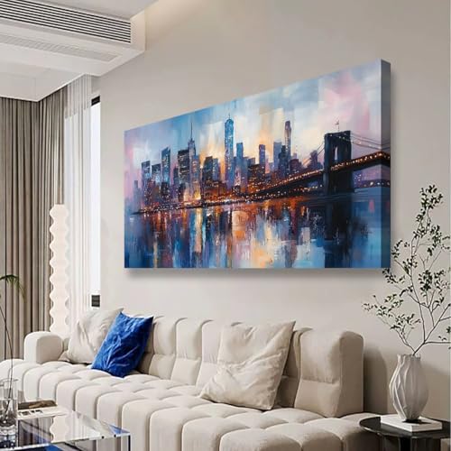 Image of Abstraction Pictures Canvas Wall Art for Living room Office Bedroom Wall Decor,City Wall Art Print Paintings Modern Blue Great bridge Artwork Waterproof Ready to Hang-20x40inch