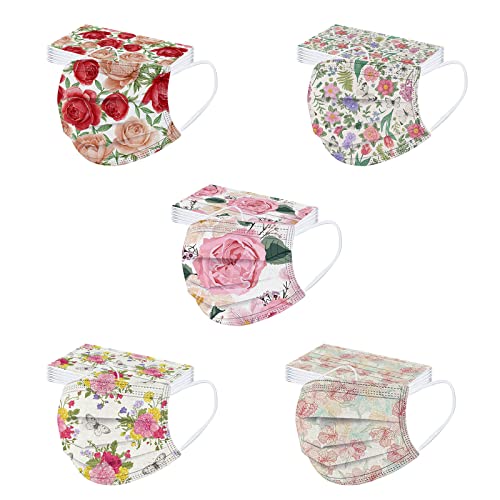 YOYOA 50 Stück Mundschutz Erwachsene Einweg Blumenmuster Mund und Nasenschutz Halstuch Blume Motiv 3-lagig Einmal MNS Mund-Tuch Staubdicht Atmungsaktiv Tücher Bandana Schals Cover