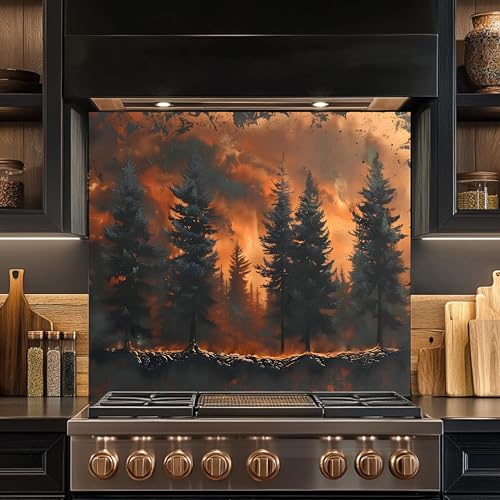 Tempered Glass Backsplash, Forest Scene Glass Backsplash, Kitchen Backsplash Behind Stove, Glass Backsplash for Kitchen Wall, Easy to Install Stove Backsplash