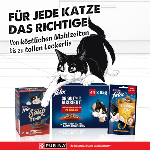 FELIX So gut wie es aussieht Nassfutter für Katzen Geschmacksvielfalt vom Land Vorteilspack, 44 praktische Portionsbeutel, zarte Stückchen in Gelee, 4 leckere Sorten, 100% vollständige Ernährung