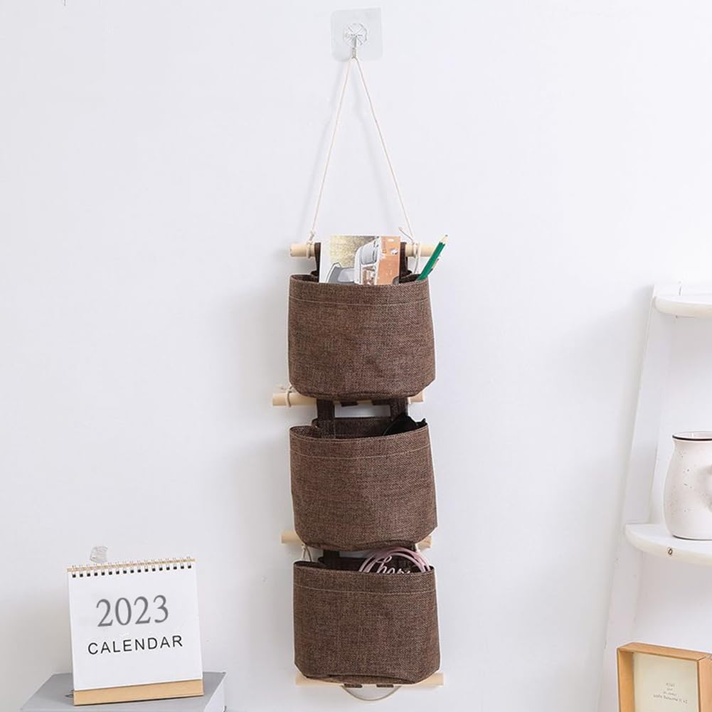 Portaoggetti Appeso Con 3 Tasche - Organizzatore In Lino E Cotone Per Casa E Ufficio, Grigio/Verde/Khaki - Foto 4