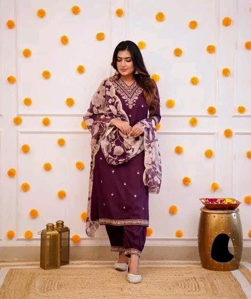 Image of Women's Viscose Rayon Kurta, Pant & Dupatta Set Embroidered Work V Neck 3 /4th Sleeves Straight Salwar Suit Dupatta Set || Comfortable Outfit For Wedding