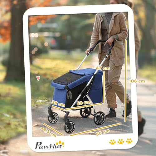 PawHut Hundewagen leicht Hundebuggy aus Aluminium klappbar für Hunde & Katzen Katzenbuggy mit Kissen Netzfenstern Türen Aufbewahrungskorb Katzenwagen Mini-Hundewagen für kleine Hunde Dunkelblau