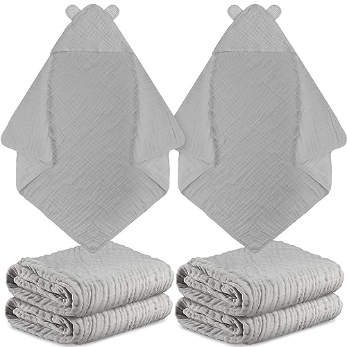 Image of Chumia 4 Pcs Baby Hooded Muslin Cotton Towel 32 x 32 Soft Towels for Newborn, Infant and Toddler, Cute Essentials 6 Layers Washcloths (Gray)
