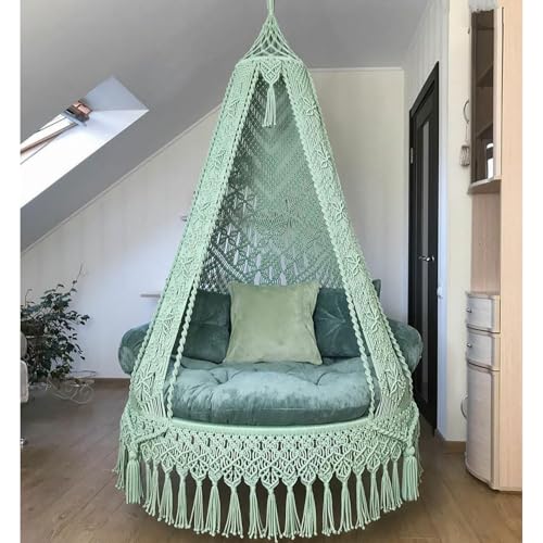 Image of KAAHIRA Bohemian Macrame Hanging Swing Chair- Aesthetic Cotton Rope Hammock for Indoor & Outdoor - Patio, Balcony, Bedroom, Living Room, Garden-Kids, Adults & Pets - Boho Decor (Olive Green)