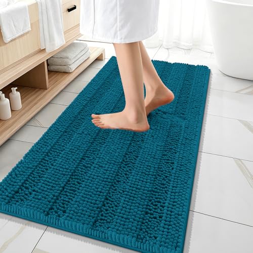 Image of OLANLY Thick Bathroom Runner Rugs 47x20, Extra Absorbent Chenille Striped Bath Rugs, Rubber Backing, Machine Wash Dry, Long Bath Mats for Bathroom, Tub and Shower, Home Decor Accessories, Peacock Blue