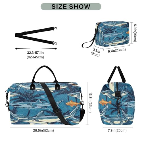 Shark Flower Travel Duffel Bag Large Capacity Weekender Bag with Toiletry Bag Detachable Shoulder Strap Travel Tote Bag for Women3