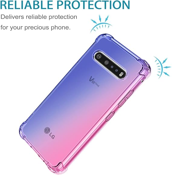 for LG V60 ThinQ 5G Case, LG V60 Case with Tempered Glass Screen Protector, Cute Clear Gradient Slim Shockproof TPU Back Phone Protective Cover for LG V60 (Blue/Pink)