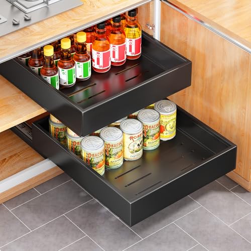 Pull-out cabinet organizer 21" deep with fixed-size drawers