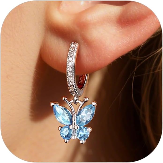 Bestyle Sterling Silver Butterfly Earrings for Women, Dainty Cute Birthstone Studs Hypoallergenic Jewelry, Great Birthday Gift