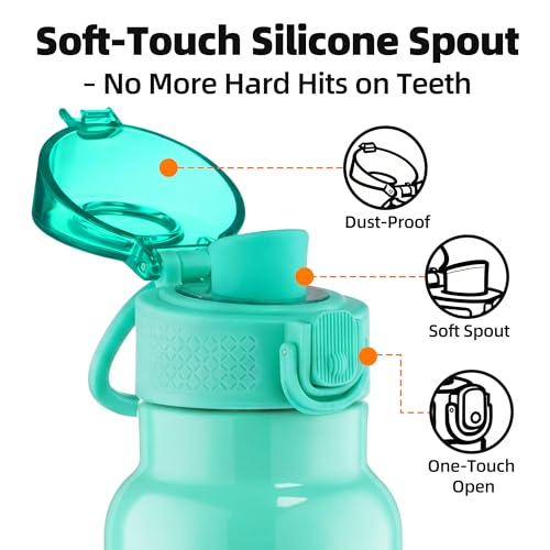 Image of Fanhaw 24 oz Insulated Water Bottle with Soft Silicone Spout Lid, Leakproof Stainless Steel Vacuum Bottle for School, Sports& Daily Use, Kids, Teens& Adults, Back to School Essentials (Bianchi Green)