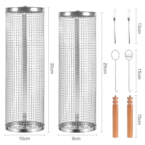 2er-Pack rollender Grillkorb mit Holzgriff, zylindrischer Edelstahl-Grillkorb, Outdoor-Camping-Picknick-Grillzubehör, grill zubehör für männer, grill zubehör für gasgrill, grill zubehör