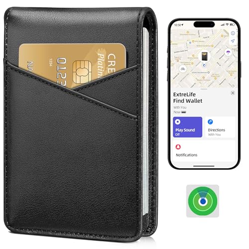 ExtreLife Mens Wallet with Smart Tracker, Genuine Leather Bifold Wallet, Works with Apple Find My, 10 Card Slots, Money Pocket, ID Window, RFID Blocking, GPS Wallet Tracker, Gift Box, Black