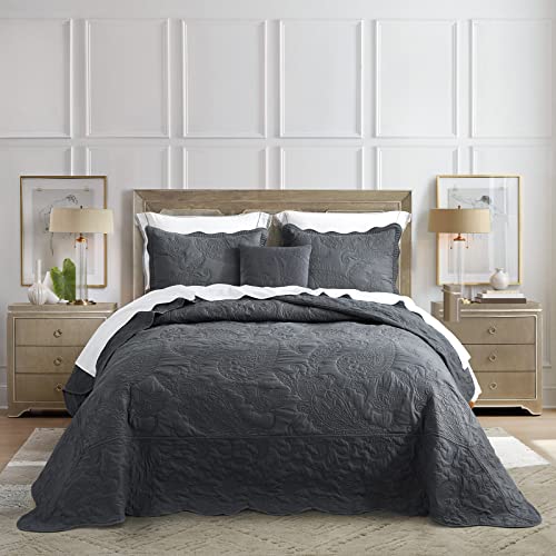 Image of HZ & HY Oversized Queen Bedspread, Stitched Paisley Quilt Set Queen Size, Lightweight Reversible Coverlet, Scalloped Edge - Modern Classic Look, 5 Piece, Dark Grey