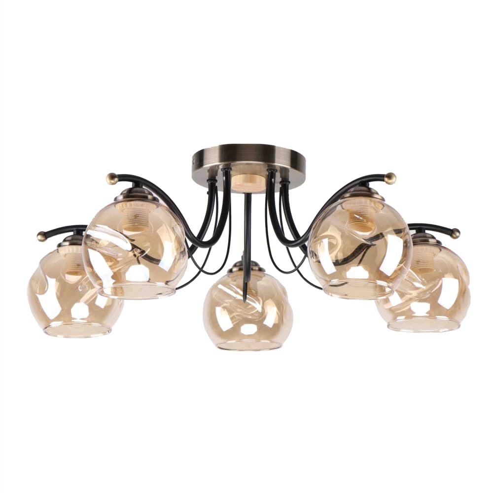 TEKLED Amber Glass Dome Black and Antique Brass Metal Semi Flush Ceiling Light | E27 Fitting | Elegance Design Decorative Lighting | For Living Rooms Dining Halls Hallways | 5 Lamp (Bulb not Included)