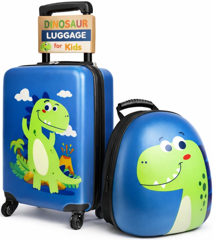 Dinosaur Kids Suitcase for Boys, 18" Hardside Dinosaur Toddler Suitcase Set with Spinner Wheels and Backpack, Kids Carry on Luggage Set Rolling Travel Kid's Luggage Gifts Airline Approved