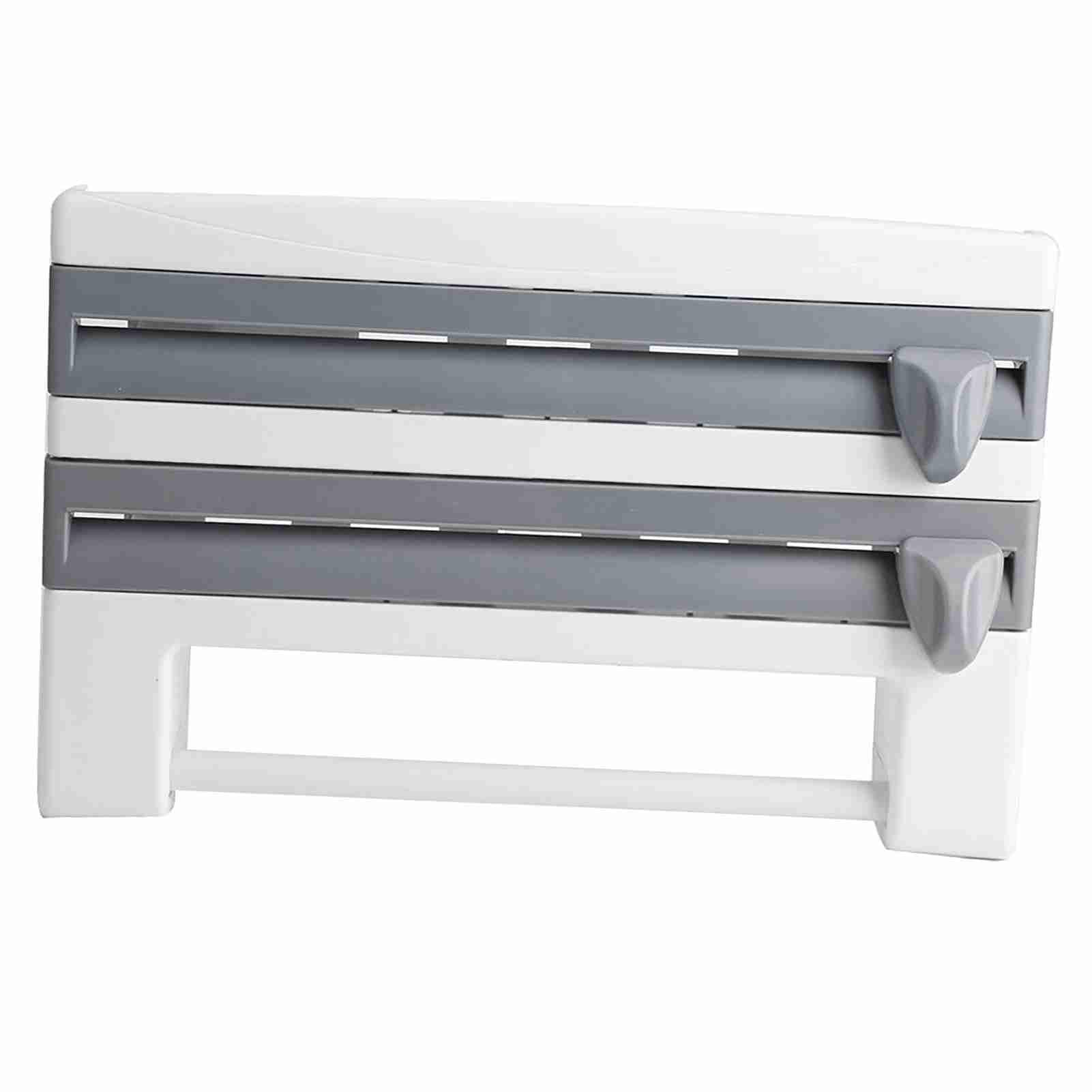 Ausla Portarrollos de Pared Triple 39 x 10 x 24 cm, Soporte de película Adhesiva de Cocina con Cortador para Papel de Aluminio, Film Transparente y Toalla de Cocina(Gris-Azul)
