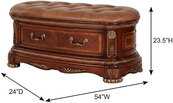 Michael Amini Cortina Brown Leather Bedside Bench with Solid Poplar Wood Frame, Cushioned Upholstery, Sturdy Build for Bedroom Seating and Storage Solutions