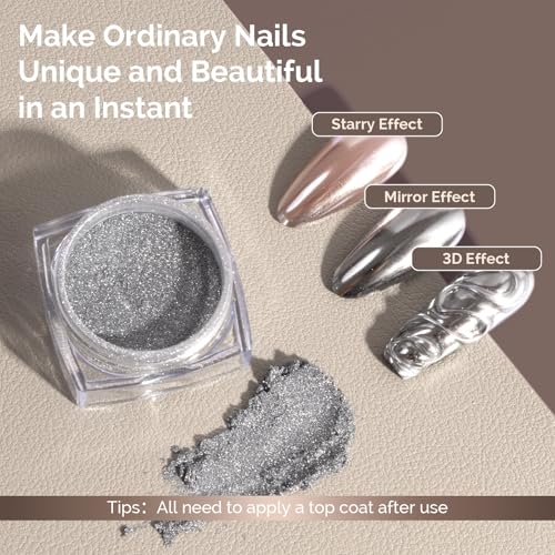 Image of MelodySusie Sliver Chrome Nail Powder for Gel Nails,Metallic Mirror Effect Pigment Stylish and Technological Silver Fine Glitter for Home DIY Salon Use