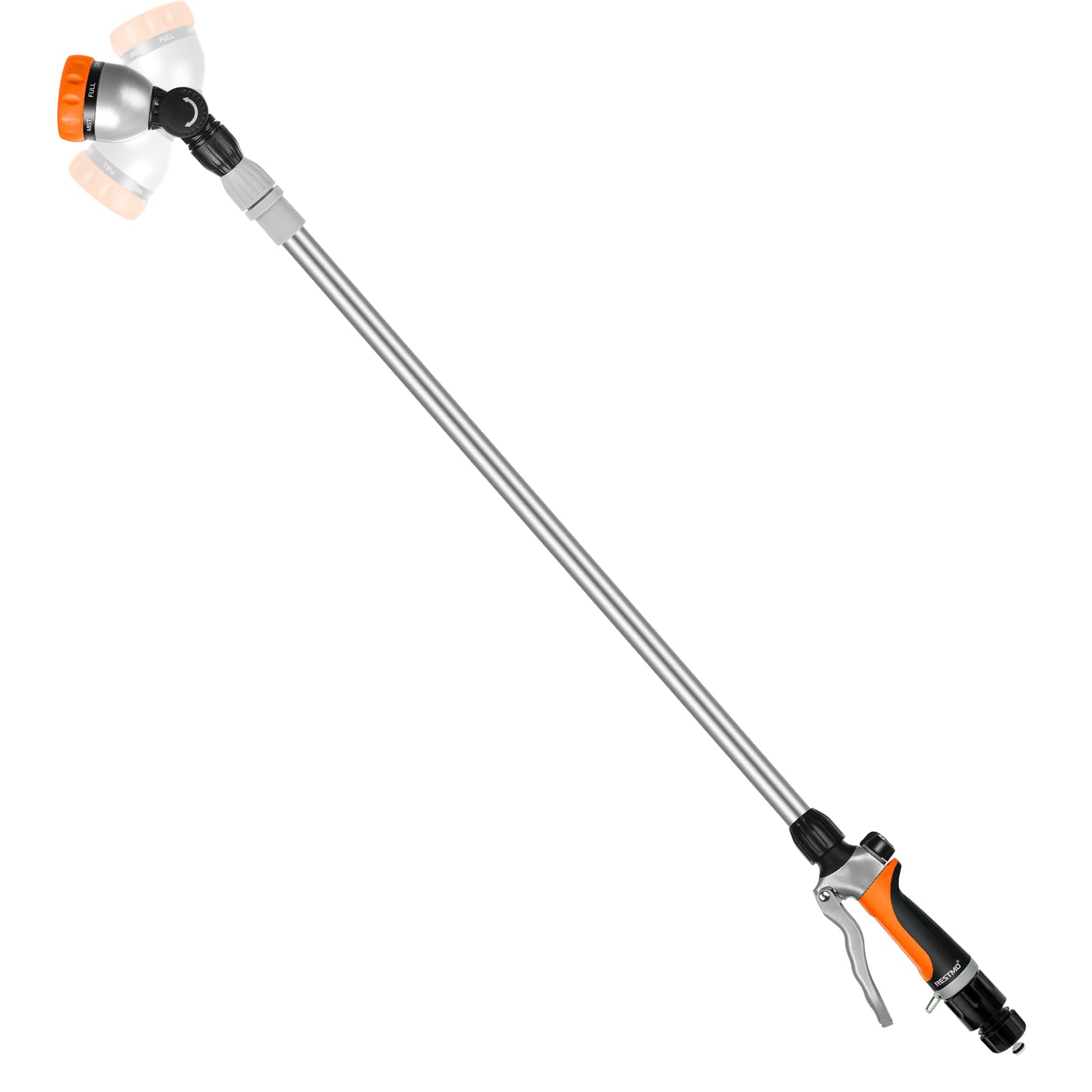 RESTMO Langer Teleskop Gießstab 92-152 cm, Lang Gartenbrause Metall mit 180° schwenkbaren Kopf, 7 Sprühmustern, Durchflusskontrolle, Bewässerung Zauberstab zum Blumenampeln und Sträucher, Orange