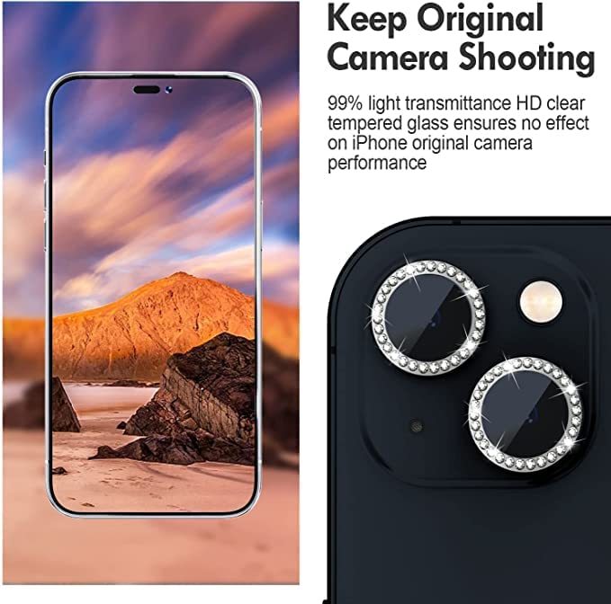 Image of Diamond Camera Lens Protector for iPhone 14 /14 Plus | Metal Ring Lens Guard | Scratch Resistant | HD Clear | Easy Install | Shock & Dust Protection Black Diamond