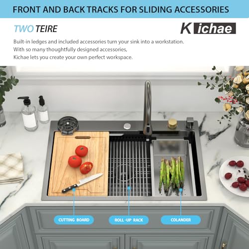 Image of Kichae 33 Black Kitchen Sink Drop In Waterfall - 33x22x10 Drop Sink Stainless Steel 16G Deep Single Bowl Waterfall Kitchen Sinks Workstation Handmade with Faucet & Glass Rinser