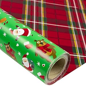 LeZakaa Reversible Christmas Wrapping Paper – Jumbo Roll – Santa Claus & Red Plaid – 24 inches x 100 Feet (200 sq.ft.)
