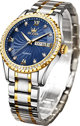 Olevs Mens Watches Diamond Luxury Business Dress Blue Wrist Watch Quartz Stainless Steel Day Date Waterproof Luminous #TOP9