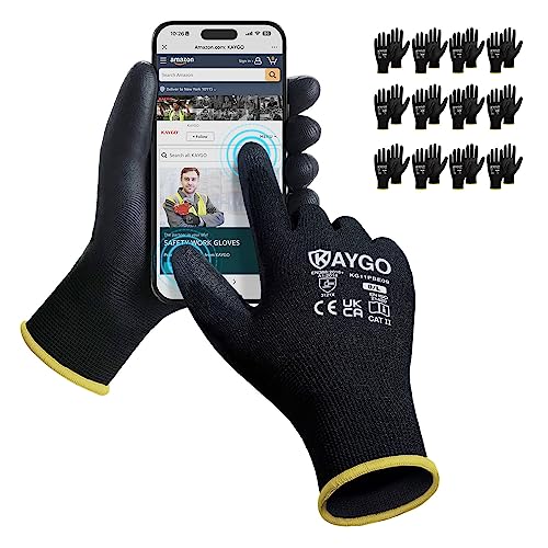 Image of KAYGO Work Gloves PU Coated 12 Pairs Touchscreen, KG11PBE, Safety Working Gloves with Secure Grip on Palm & Fingers, for Men and Women, Ideal for General Duty Work, Gardening (Large, Black)