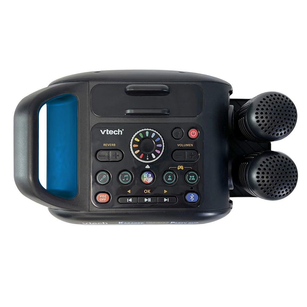 VTech - Karaoke Light Party Duo Disco Edition, Altavoz Potente, Karaoke Portátil con Bluetooth, 40W, Incluye 2 micrófonos inalámbricos, función Quitar Voz, Panel táctil, asa integrada, Versión ESP