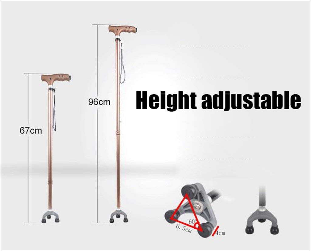 Soporte para bastón para Caminar Muleta para bastón para Anciano Anciano Telescópico Estable Antideslizante Ligero Altura Ajustable con 3 pies y Bastones LED marrón Claro para Hombres o Mujeres