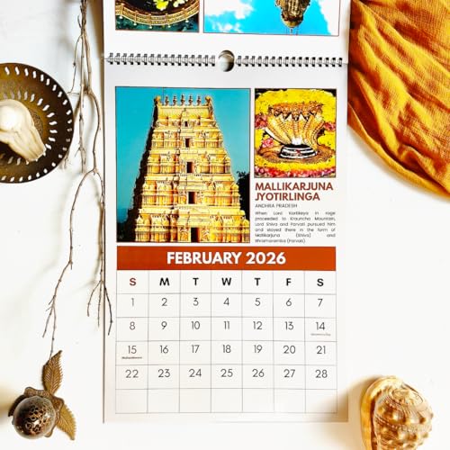 Image of 12 inchx9 inch 12 Jyotirlinga Wall Calendar 2026 | HD Temple & Linga Photos | Mythological Stories | Indian Holidays | Wiro-Bound | Gloss Laminated | Lord Shiva Calendar