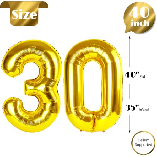 Image of Gold Number 30 Balloon 40 inch, 30 Number Balloons, 30th Gold Birthday Decorations, 30 Year Old Women Men Golden Party Supplies