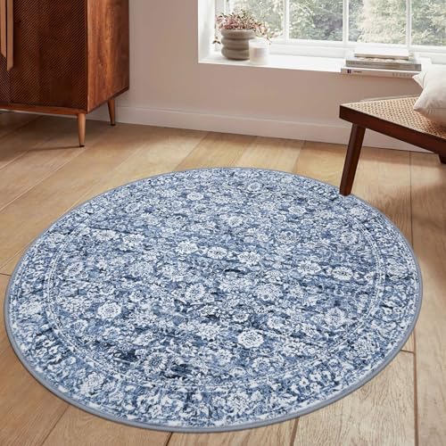 Blue 5' Round Rug Washable Rug for Entryway Soft Non-Slip Area Rugs Distressed Floral Low-Pile Carpet, Neutral Vintage Circle Rugs for Living Room Dining Bedroom Foyer