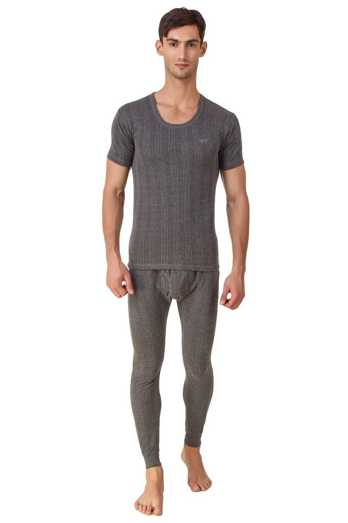 Kings Men's Round Neck Half Sleeve Charcoal Grey Melange Winter Thermal Set of Top Trouser-image-30