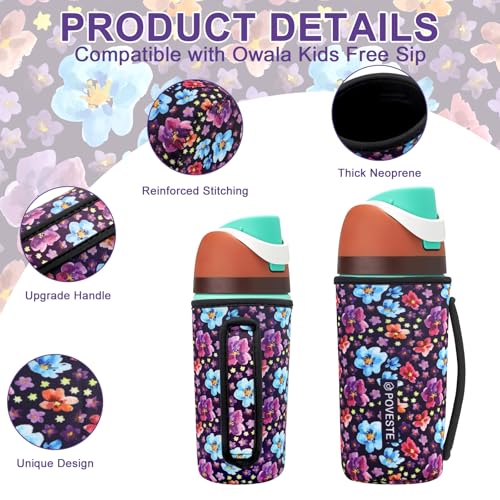 Image of Water Bottle Sleeve with Handle for Owala Kids FreeSip 16 oz, Water Bottle Scratch Resistant Sleeve, Neoprene Cover Compatible with Owala 16 oz for Boys Girls to School Travel (Purple Garden)