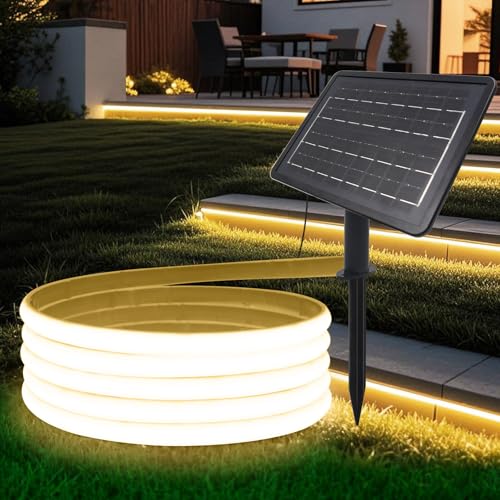 HEGEHE Solar LED Strip, Solarbetriebene COB Neon LED Streifen Außen, 320leds/m, 8 Modi, Schneidbar, IP65 Wasserdicht Diffusion Flex LED Schlauch Band für Garten, Balkon, Treppe (Warmweiß, 2M)